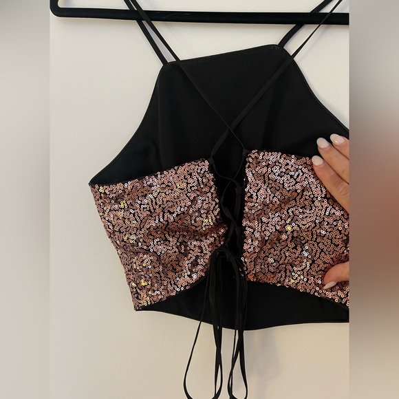 Lulu’s | Mood to Move Bronze Sequin Lace-Up Two-Piece Mini Skirt Matching Set - Picture 12 of 13